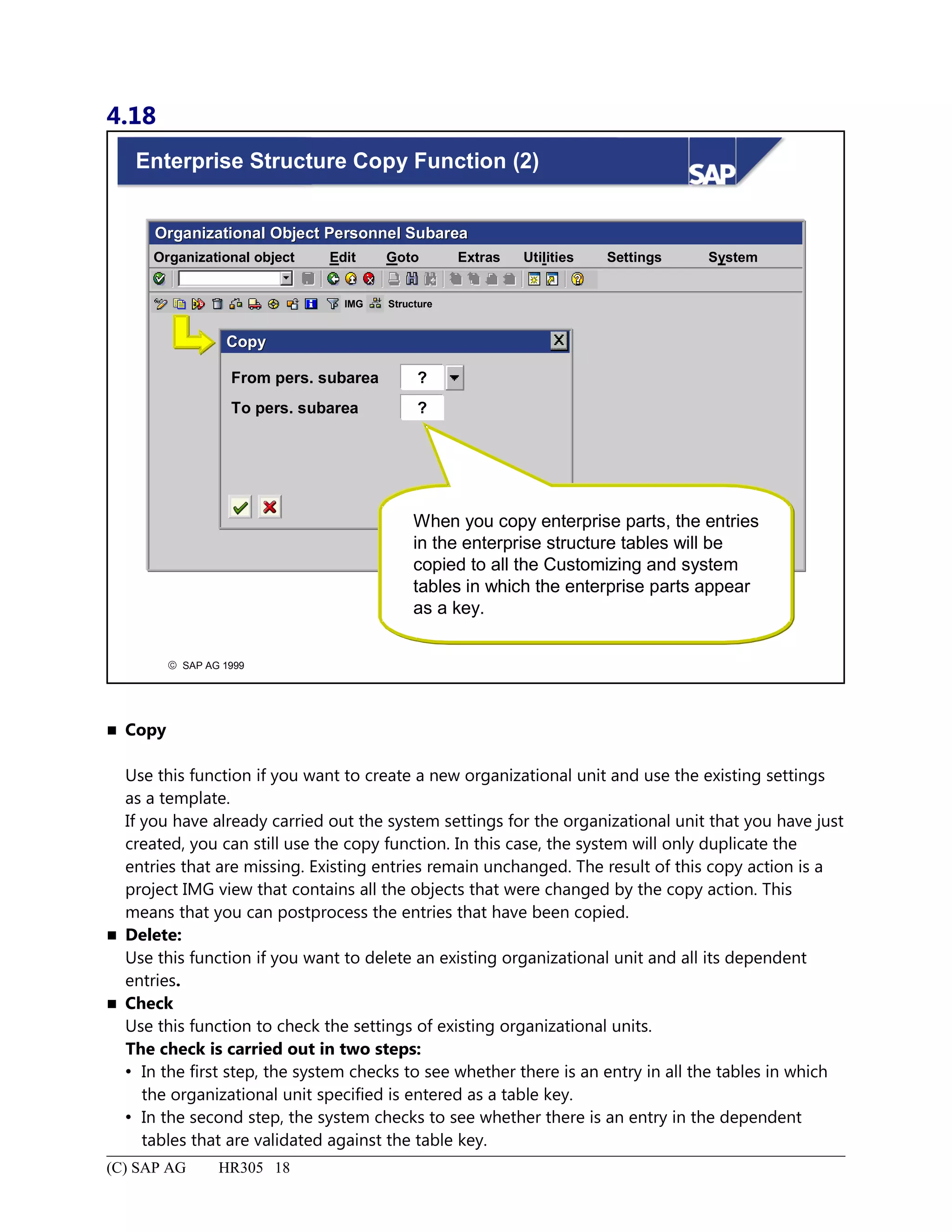 4.18
© SAP AG 1999
Enterprise Structure Copy Function (2)
Organizational Object Personnel SubareaOrganizational Object Personnel Subarea
Organizational object Edit Goto Extras Utilities Settings System
CopyCopy
From pers. subarea ?
To pers. subarea ?
StructureIMG
When you copy enterprise parts, the entries
in the enterprise structure tables will be
copied to all the Customizing and system
tables in which the enterprise parts appear
as a key.
 Copy
Use this function if you want to create a new organizational unit and use the existing settings
as a template.
If you have already carried out the system settings for the organizational unit that you have just
created, you can still use the copy function. In this case, the system will only duplicate the
entries that are missing. Existing entries remain unchanged. The result of this copy action is a
project IMG view that contains all the objects that were changed by the copy action. This
means that you can postprocess the entries that have been copied.
 Delete:
Use this function if you want to delete an existing organizational unit and all its dependent
entries.
 Check
Use this function to check the settings of existing organizational units.
The check is carried out in two steps:
 In the first step, the system checks to see whether there is an entry in all the tables in which
the organizational unit specified is entered as a table key.
 In the second step, the system checks to see whether there is an entry in the dependent
tables that are validated against the table key.
(C) SAP AG HR305 18
 