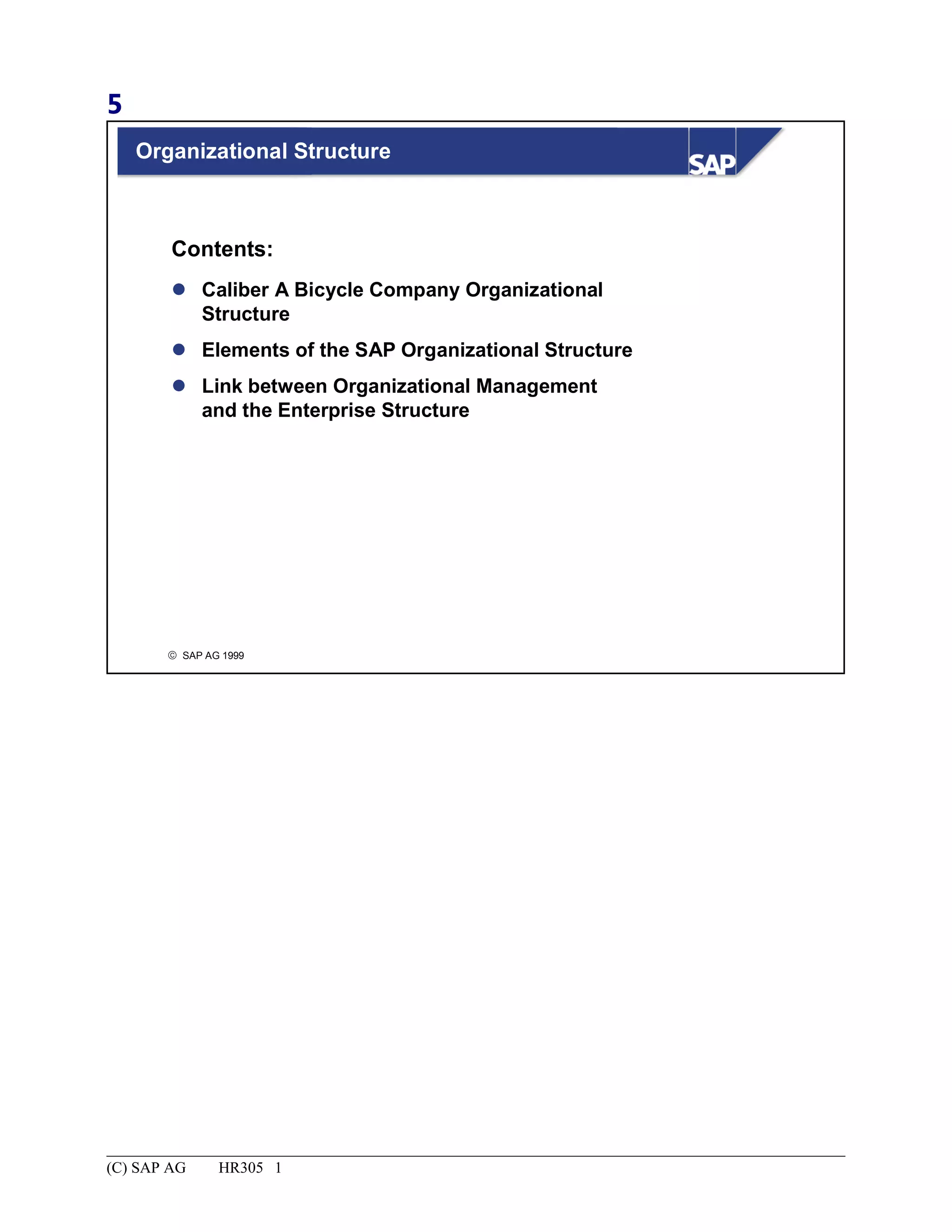 5
© SAP AG 1999
Organizational Structure
 Caliber A Bicycle Company Organizational
Structure
 Elements of the SAP Organizational Structure
 Link between Organizational Management
and the Enterprise Structure
Contents:
(C) SAP AG HR305 1
 