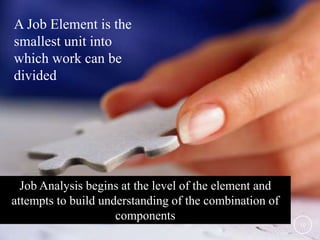 Job Analysis begins at the level of the element and 
attempts to build understanding of the combination of 
components 
4–10 
A Job Element is the 
smallest unit into 
which work can be 
divided 
10 
 