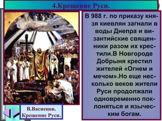 Меню
В 988 г. по приказу кня-
зя киевлян загнали в
воды Днепра и ви-
зантийские священ-
ники разом их крес-
тили.В Новгороде
Добрыня крестил
жителей «Огнем и
мечом».Но еще нес-
колько веков жители
Руси продолжали
одновременно пок-
лоняться и язычес-
ким богам.
4.Крещение Руси.
В.Васнецов.
Крещение Руси.
 