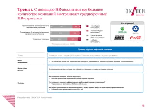 16
Тренд 1. С помощью HR-аналитики все большее
количество компаний выстраивают среднесрочные
HR-стратегии
Разработано «ЭКОПСИ Консалтинг»
*Исследование компании Deloitte
2%
1%
2%
53%
61%
69%
36%
33%
25%
9%
5%
4%
Управление талантами
Планирование HR активностей влияющих
на эффективность бизнеса
Прогнозирование производительности
персонала и ее улучшения
- точно будем
использовать
- возможно будем
использовать
- скорее всего не
будем использовать
- не будем
использовать
Кто в тренде?
Использовались метрик, которые уже собираются текущими учетными системами компании.
 26 HR метрик (общие HR- характеристики, конкурсы, управляемость, оценка сотрудника, обучение, социологические).
Сотрудники блоков: Розница АЗС, Розница АУП, Корпоративные продажи, Региональные продажи.
Что позволит нанимать лучший персонал?
 Высшее профильное образование с очной формой обучения.
Что позволит повысить эффективность работы действующего персонала?
 Тиражирование программы «Мобильно обучение».
Что нужно дополнительно проанализировать, чтобы принять меры по повышению эффективности?
 Причины спада эффективности после 3-х лет.
Объект
Виды
информации
Метод сбора
данных
Выводы
Пример крупной нефтяной компании
 