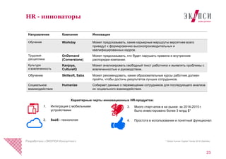 23
HR - инноваторы
Разработано «ЭКОПСИ Консалтинг»
Направление Компания Инновация
Обучение Workday Может предсказывать, какие карьерные маршруты вероятнее всего
приведут к формированию высокопроизводительных и
квалифицированных кадров.
Трудовая
дисциплина
OnDemand
(Cornerstone)
Может предсказывать, кто будет нарушать правила и внутренние
распорядки компании.
Культура
и вовлеченность
Kanjoya,
CultureIQ
Может анализировать свободный текст работника и выявлять проблемы с
вовлеченностью и руководством.
Обучение Skillsoft, Saba Может рекомендовать, какие образовательные курсы работник должен
пройти, чтобы достичь результатов лучших сотрудников.
Социальное
взаимодействие
Humanize Собирает данные о перемещении сотрудников для последующего анализа
их социального взаимодействия.
Характерные черты инновационных HR-продуктов:
1. Интеграция с мобильными
устройствами
2. SaaS - технология
3. Много старт-апов в на рынке: за 2014-2015 г.
было инвестировано более 3 млрд $*
4. Простота в использовании и понятный функционал
* Global Human Capital Trends 2016 (Deloitte)
 