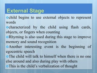 External Stage
child begins to use external objects to represent
words
characterized by the child using flash cards,
objects, or fingers when counting
Rhyming is also used during this stage to improve
memory and sound recognition
Another interesting event is the beginning of
egocentric speech
The child will talk to himself when there is no one
else around and also during play with others
This is the child’s verbalization of thought
 