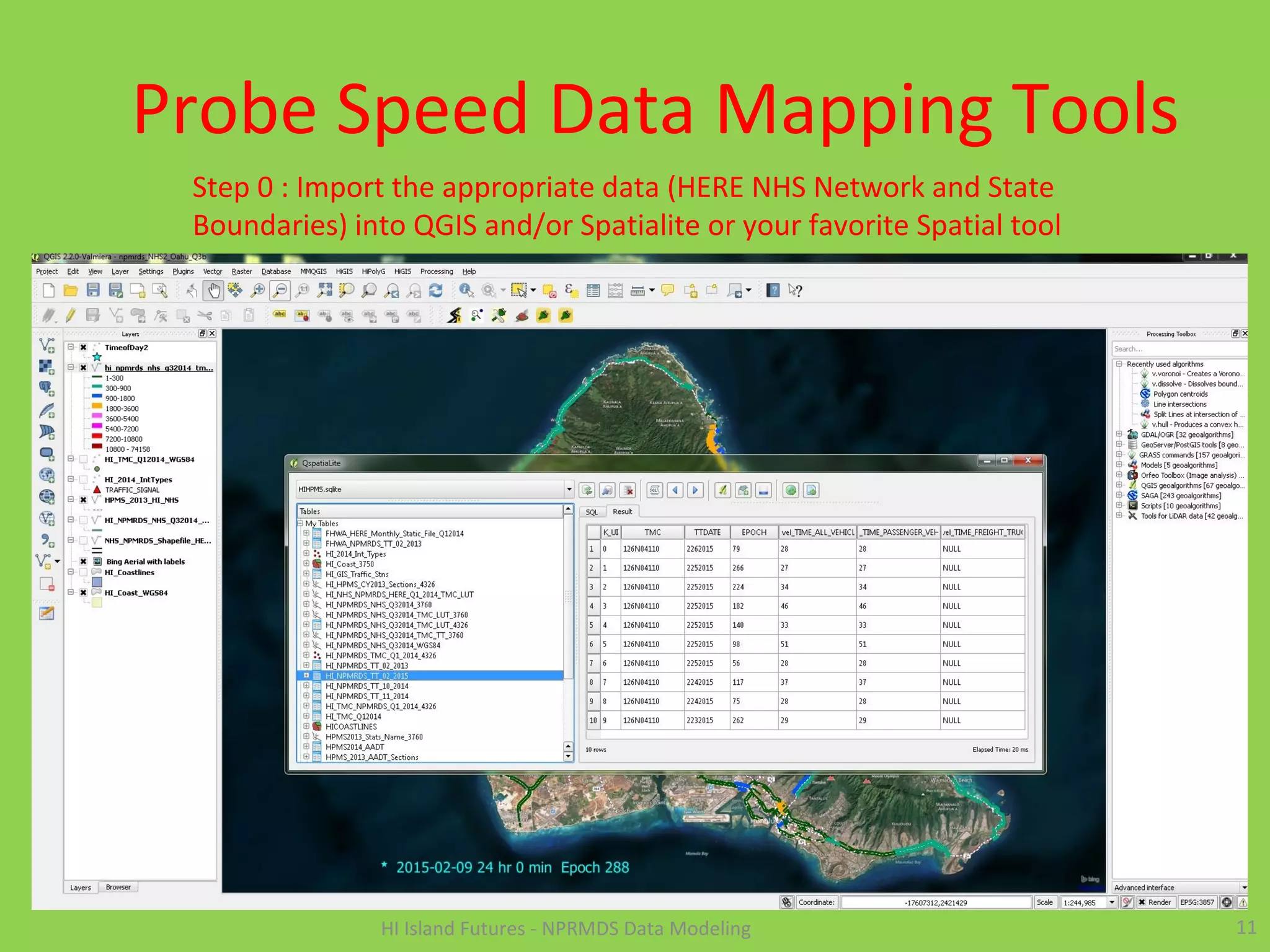 Probe Speed Data Mapping Tools
11HI Island Futures - NPRMDS Data Modeling
Step 0 : Import the appropriate data (HERE NHS Network and State
Boundaries) into QGIS and/or Spatialite or your favorite Spatial tool
 