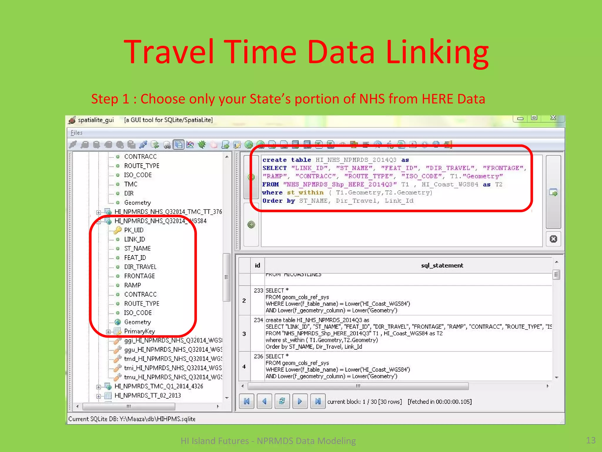 Travel Time Data Linking
13
Step 1 : Choose only your State’s portion of NHS from HERE Data
HI Island Futures - NPRMDS Data Modeling
 