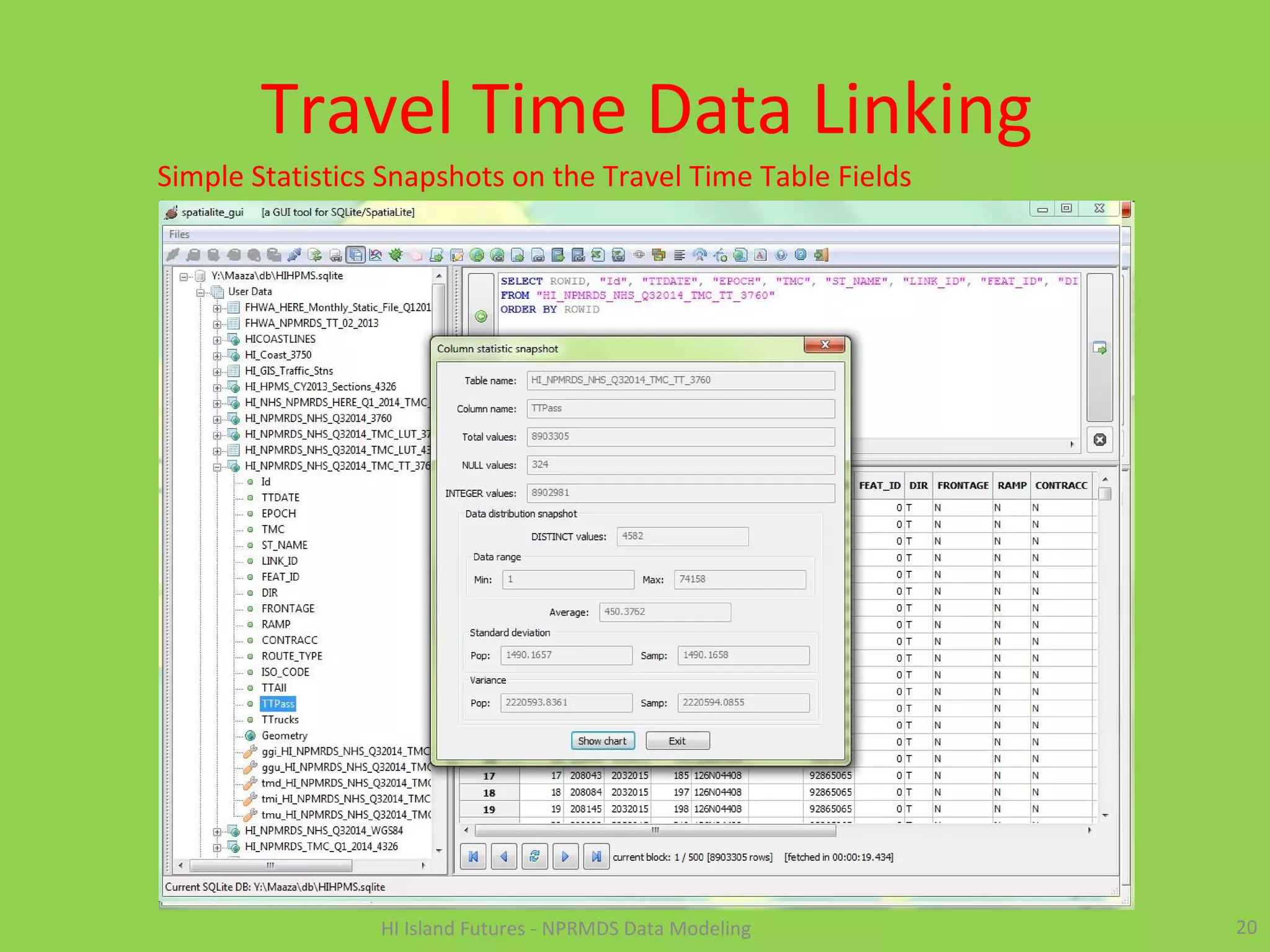 Travel Time Data Linking
20HI Island Futures - NPRMDS Data Modeling
Simple Statistics Snapshots on the Travel Time Table Fields
 