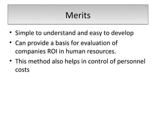 Merits
• Simple to understand and easy to develop
• Can provide a basis for evaluation of
  companies ROI in human resources.
• This method also helps in control of personnel
  costs
 