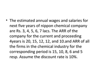 • The estimated annual wages and salaries for
  next five years of nippon chemical company
  are Rs. 3, 4, 5, 6, 7 lacs. The ARR of the
  company for the current and proceeding
  4years is 20, 15, 12, 12, and 10.and ARR of all
  the firms in the chemical industry for the
  corresponding period is 15, 10, 8, 6 and 5
  resp. Assume the discount rate is 10%.
 