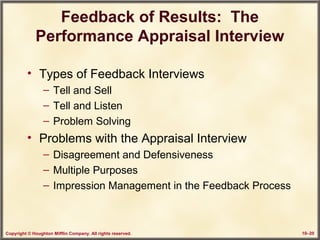 Copyright © Houghton Mifflin Company. All rights reserved. 10–20
Feedback of Results: The
Performance Appraisal Interview
• Types of Feedback Interviews
– Tell and Sell
– Tell and Listen
– Problem Solving
• Problems with the Appraisal Interview
– Disagreement and Defensiveness
– Multiple Purposes
– Impression Management in the Feedback Process
 
