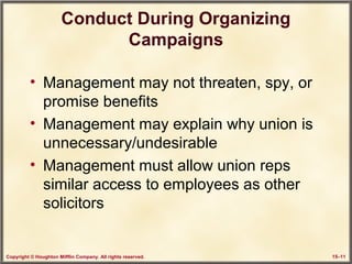 Copyright © Houghton Mifflin Company. All rights reserved. 15–11
Conduct During Organizing
Campaigns
• Management may not threaten, spy, or
promise benefits
• Management may explain why union is
unnecessary/undesirable
• Management must allow union reps
similar access to employees as other
solicitors
 