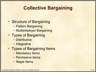 Copyright © Houghton Mifflin Company. All rights reserved. 15–12
Collective Bargaining
• Structure of Bargaining
– Pattern Bargaining
– Multiemployer Bargaining
• Types of Bargaining
– Distributive
– Integrative
• Types of Bargaining Items
– Mandatory Items
– Permissive Items
– Illegal Items
 