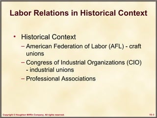 Copyright © Houghton Mifflin Company. All rights reserved. 15–3
Labor Relations in Historical Context
• Historical Context
– American Federation of Labor (AFL) - craft
unions
– Congress of Industrial Organizations (CIO)
- industrial unions
– Professional Associations
 