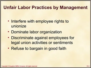 Copyright © Houghton Mifflin Company. All rights reserved. 15–6
Unfair Labor Practices by Management
• Interfere with employee rights to
unionize
• Dominate labor organization
• Discriminate against employees for
legal union activities or sentiments
• Refuse to bargain in good faith
 