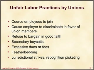 Copyright © Houghton Mifflin Company. All rights reserved. 15–7
Unfair Labor Practices by Unions
• Coerce employees to join
• Cause employer to discriminate in favor of
union members
• Refuse to bargain in good faith
• Secondary boycotts
• Excessive dues or fees
• Featherbedding
• Jurisdictional strikes, recognition picketing
 