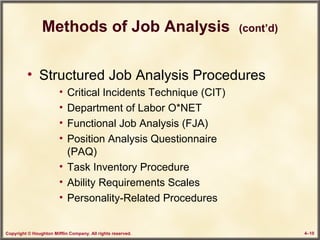 Copyright © Houghton Mifflin Company. All rights reserved. 4–10
Methods of Job Analysis (cont’d)
• Structured Job Analysis Procedures
• Critical Incidents Technique (CIT)
• Department of Labor O*NET
• Functional Job Analysis (FJA)
• Position Analysis Questionnaire
(PAQ)
• Task Inventory Procedure
• Ability Requirements Scales
• Personality-Related Procedures
 