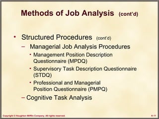 Copyright © Houghton Mifflin Company. All rights reserved. 4–11
Methods of Job Analysis (cont’d)
• Structured Procedures (cont’d)
– Managerial Job Analysis Procedures
• Management Position Description
Questionnaire (MPDQ)
• Supervisory Task Description Questionnaire
(STDQ)
• Professional and Managerial
Position Questionnaire (PMPQ)
– Cognitive Task Analysis
 