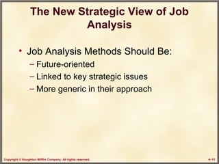 Copyright © Houghton Mifflin Company. All rights reserved. 4–15
The New Strategic View of Job
Analysis
• Job Analysis Methods Should Be:
– Future-oriented
– Linked to key strategic issues
– More generic in their approach
 