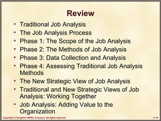 Copyright © Houghton Mifflin Company. All rights reserved. 4–18
Review
• Traditional Job Analysis
• The Job Analysis Process
• Phase 1: The Scope of the Job Analysis
• Phase 2: The Methods of Job Analysis
• Phase 3: Data Collection and Analysis
• Phase 4: Assessing Traditional Job Analysis
Methods
• The New Strategic View of Job Analysis
• Traditional and New Strategic Views of Job
Analysis: Working Together
• Job Analysis: Adding Value to the
Organization
 