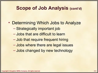 Copyright © Houghton Mifflin Company. All rights reserved. 4–6
Scope of Job Analysis (cont’d)
• Determining Which Jobs to Analyze
– Strategically important job
– Jobs that are difficult to learn
– Job that require frequent hiring
– Jobs where there are legal issues
– Jobs changed by new technology
 
