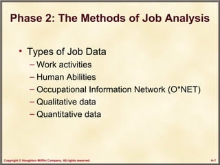 Copyright © Houghton Mifflin Company. All rights reserved. 4–7
Phase 2: The Methods of Job Analysis
• Types of Job Data
– Work activities
– Human Abilities
– Occupational Information Network (O*NET)
– Qualitative data
– Quantitative data
 