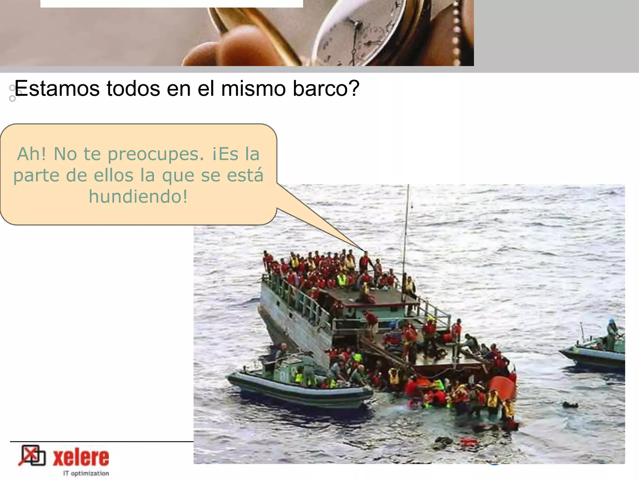 Estamos todos en el mismo barco?

Ah! No te preocupes. ¡Es la
parte de ellos la que se está
        hundiendo!




                       2 Foro Global Crossing de Tecnología y Negocios
 