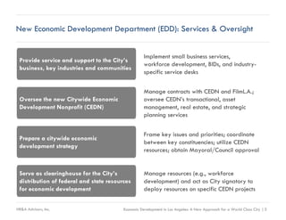 New Economic Development Department (EDD): Services & Oversight


                                                    Implement small business services,
 Provide service and support to the City’s
                                                    workforce development, BIDs, and industry-
 business, key industries and communities
                                                    specific service desks


                                                    Manage contracts with CEDN and FilmL.A.;
 Oversee the new Citywide Economic                  oversee CEDN’s transactional, asset
 Development Nonprofit (CEDN)                       management, real estate, and strategic
                                                    planning services


                                                    Frame key issues and priorities; coordinate
 Prepare a citywide economic
                                                    between key constituencies; utilize CEDN
 development strategy
                                                    resources; obtain Mayoral/Council approval


 Serve as clearinghouse for the City’s              Manage resources (e.g., workforce
 distribution of federal and state resources        development) and act as City signatory to
 for economic development                           deploy resources on specific CEDN projects


HR&A Advisors, Inc.                      Economic Development in Los Angeles: A New Approach for a World Class City | 5
 