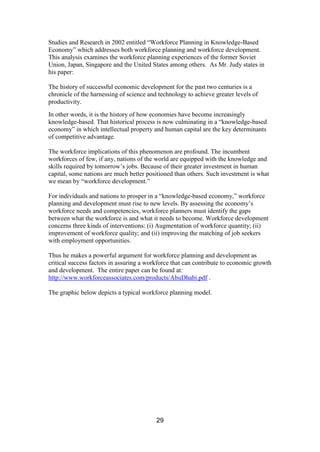 29
Studies and Research in 2002 entitled “Workforce Planning in Knowledge-Based
Economy” which addresses both workforce planning and workforce development.
This analysis examines the workforce planning experiences of the former Soviet
Union, Japan, Singapore and the United States among others. As Mr. Judy states in
his paper:
The history of successful economic development for the past two centuries is a
chronicle of the harnessing of science and technology to achieve greater levels of
productivity.
In other words, it is the history of how economies have become increasingly
knowledge-based. That historical process is now culminating in a “knowledge-based
economy” in which intellectual property and human capital are the key determinants
of competitive advantage.
The workforce implications of this phenomenon are profound. The incumbent
workforces of few, if any, nations of the world are equipped with the knowledge and
skills required by tomorrow’s jobs. Because of their greater investment in human
capital, some nations are much better positioned than others. Such investment is what
we mean by “workforce development.”
For individuals and nations to prosper in a “knowledge-based economy,” workforce
planning and development must rise to new levels. By assessing the economy’s
workforce needs and competencies, workforce planners must identify the gaps
between what the workforce is and what it needs to become. Workforce development
concerns three kinds of interventions: (i) Augmentation of workforce quantity; (ii)
improvement of workforce quality; and (ii) improving the matching of job seekers
with employment opportunities.
Thus he makes a powerful argument for workforce planning and development as
critical success factors in assuring a workforce that can contribute to economic growth
and development. The entire paper can be found at:
http://www.workforceassociates.com/products/AbuDhabi.pdf .
The graphic below depicts a typical workforce planning model.
 