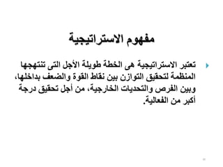20
‫االستراتيجية‬ ‫مفهوم‬

‫تن‬ ‫التى‬ ‫األجل‬ ‫طويلة‬ ‫الخطة‬ ‫هى‬ ‫االستراتيجية‬ ‫تعتبر‬
‫تهجها‬
‫ب‬ ‫والضعف‬ ‫القوة‬ ‫نقاط‬ ‫بين‬ ‫التوازن‬ ‫لتحقيق‬ ‫المنظمة‬
،‫داخلها‬
‫در‬ ‫تحقيق‬ ‫أجل‬ ‫من‬ ،‫الخارجية‬ ‫والتحديات‬ ‫الفرص‬ ‫وبين‬
‫جة‬
‫الفعالية‬ ‫من‬ ‫أكبر‬
.
 