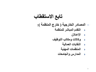 38
−
‫الخارجية‬ ‫المصادر‬
(
‫المنظمة‬ ‫خارج‬
:)

‫للمنظمة‬ ‫المباشر‬ ‫التقدم‬

‫اإلعـالن‬

‫التوظيف‬ ‫ومكاتب‬ ‫وكاالت‬

‫العمالية‬ ‫النقابات‬

‫المهنية‬ ‫المنظمات‬

‫والجامعات‬ ‫المدارس‬
‫االستقطاب‬ ‫تابع‬
 
