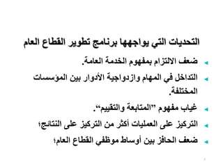 5
◄
‫العامة‬ ‫الخدمة‬ ‫بمفهوم‬ ‫االلتزام‬ ‫ضعف‬
.
◄
‫المؤسسات‬ ‫بين‬ ‫األدوار‬ ‫وازدواجية‬ ‫المهام‬ ‫في‬ ‫التداخل‬
‫المختلفة‬
.
◄
‫مفهوم‬ ‫غياب‬
”
‫والتقييم‬ ‫المتابعة‬
“
.
◄
‫النتائج‬ ‫على‬ ‫التركيز‬ ‫من‬ ‫أكثر‬ ‫العمليات‬ ‫على‬ ‫التركيز‬
‫؛‬
◄
‫العام؛‬ ‫القطاع‬ ‫موظفي‬ ‫أوساط‬ ‫بين‬ ‫الحافز‬ ‫ضعف‬
‫العا‬ ‫القطاع‬ ‫تطوير‬ ‫برنامج‬ ‫يواجهها‬ ‫التي‬ ‫التحديات‬
‫م‬
 