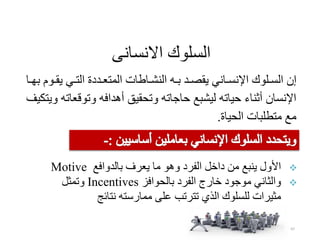 67
‫االنسدنى‬ ‫السهبك‬
‫ال‬ ‫إ‬
‫ي‬ ‫اي‬‫ا‬‫الت‬ ‫افية‬‫ا‬ ‫اللت‬ ‫ادددت‬‫ا‬‫ج‬ ‫ال‬ ‫اا‬‫ا‬ ‫اف‬‫ا‬‫ياص‬ ‫ادني‬‫ا‬‫اإلنس‬ ‫اهبك‬‫ا‬‫س‬
‫اد‬‫ا‬‫ه‬ ‫ابم‬‫ا‬‫ا‬
‫بق‬ ‫و‬ ‫فافا‬ ‫حات‬ ‫و‬ ‫ا‬ ‫حدجد‬ ‫ع‬ ‫لتج‬ ‫ا‬ ‫حتد‬ ‫دء‬ ‫ت‬ ‫اإلنسد‬
‫ويتكتف‬ ‫ا‬ ‫د‬
‫الحتدة‬ ‫دت‬ ‫متأه‬ ‫مع‬
.

‫دلفوافع‬ ‫ر‬ ‫ي‬ ‫مد‬ ‫ب‬ ‫و‬ ‫اللري‬ ‫ياخل‬ ‫مح‬ ‫ع‬ ‫ي‬ ‫األول‬
Motive

‫دلحبافز‬ ‫اللري‬ ‫ج‬ ‫خد‬ ‫مبجبي‬ ‫والثدني‬
Incentives
‫لثل‬ ‫و‬
‫نتدئج‬ ‫ستا‬ ‫ملد‬ ‫اهى‬ ‫ب‬ ‫تر‬ ‫الذي‬ ‫لهسهبك‬ ‫مثترات‬
 