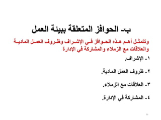81
۱
-
‫اإلشراف‬
.
۲
-
‫المادية‬ ‫العمل‬ ‫ظروف‬
.
۳
-
‫الزمالء‬ ‫مع‬ ‫العالقات‬
.
٤
-
‫اإلدارة‬ ‫في‬ ‫المشاركة‬
.
‫ععة‬‫ع‬‫المادي‬ ‫ععل‬‫ع‬‫العم‬ ‫ععروف‬‫ع‬‫وظ‬ ‫ععراف‬‫ع‬‫اإلش‬ ‫ععي‬‫ع‬‫ف‬ ‫ععوافز‬‫ع‬‫الح‬ ‫ععذه‬‫ع‬‫ه‬ ‫ععم‬‫ع‬‫أه‬ ‫ععل‬‫ع‬‫وتتمث‬
‫اإلدارة‬ ‫في‬ ‫والمشاركة‬ ‫الزمالء‬ ‫مع‬ ‫والعالقات‬
‫ب‬
-
‫العمل‬ ‫ببيئة‬ ‫المتعلقة‬ ‫الحوافز‬
 