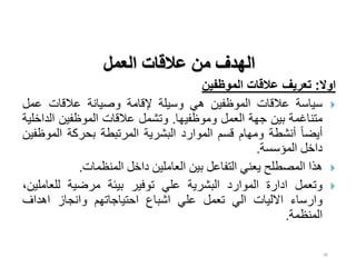 90
‫اوال‬
:
‫الموظفين‬ ‫عالقات‬ ‫تعريف‬

‫ستدسة‬
‫االقدت‬
‫لتح‬ ‫اللب‬
‫ي‬
‫وستهة‬
‫إلقدمة‬
‫وصتدنة‬
‫االقدت‬
‫الل‬
‫دغلة‬ ‫مت‬
‫تح‬
‫جهة‬
‫لل‬ ‫ال‬
‫لتهد‬ ‫ومب‬
.
‫جلل‬ ‫و‬
‫االقدت‬
‫لتح‬ ‫اللب‬
‫الف‬
‫اخهتة‬
ً‫د‬‫يض‬
‫نجأة‬
‫ومهدم‬
‫قسم‬
‫ي‬ ‫اللبا‬
‫جرية‬ ‫ال‬
‫أة‬ ‫اللر‬
‫حركة‬
‫اللب‬
‫لتح‬
‫ياخل‬
‫اللؤسسة‬
.

‫ذا‬
‫اللصأهح‬
‫ي‬ ‫ي‬
‫التلدال‬
‫تح‬
‫دمهتح‬ ‫ال‬
‫ياخل‬
‫ظلدت‬ ‫الل‬
.

‫لل‬ ‫و‬
‫ة‬ ‫ايا‬
‫ي‬ ‫اللبا‬
‫جرية‬ ‫ال‬
‫اهي‬
‫بفتر‬
‫تئة‬
‫مرضتة‬
‫دمه‬ ‫له‬
‫تح‬
‫سدء‬ ‫وا‬
‫االلتدت‬
‫الي‬
‫لل‬
‫اهي‬
‫دأ‬ ‫اش‬
‫هم‬ ‫احتتدجد‬
‫وانجد‬
‫فا‬ ‫ا‬
‫ظلة‬ ‫الل‬
.
‫العمل‬ ‫عالقات‬ ‫من‬ ‫الهدف‬
 
