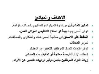 91

‫المشرفين‬ ‫تمكين‬
‫ة‬ ‫ونزا‬ ‫إنصد‬ ‫إلتهم‬ ‫اللبكهة‬ ‫اللهدم‬ ‫ة‬ ‫إيا‬ ‫مح‬
.

‫إيجدي‬ ‫سس‬ ‫بفتر‬
‫للعمل‬ ‫المواتي‬ ‫التنظيمي‬ ‫المناخ‬ ‫او‬ ‫بيئة‬

‫االتساق‬ ‫على‬ ‫الحفاظ‬
‫والليدلل‬ ‫والجكدوى‬ ‫الصراادت‬ ‫دلجة‬ ‫م‬ ‫في‬
‫دت‬
.

‫زيز‬
‫العالقات‬

‫بفتر‬
‫اتصال‬ ‫قنوات‬
‫اللظدلم‬ ‫اح‬ ‫تر‬ ‫لهت‬ ‫لتح‬ ‫لهلب‬
.

‫ة‬ ‫اإليا‬ ‫إاأدء‬
‫تخفيف‬ ‫أو‬ ‫معالجة‬ ‫فرصة‬
‫ذه‬
‫المظالم‬
.

‫عن‬ ‫التعبير‬ ‫ترتيبات‬ ‫توفير‬ ‫بفضل‬ ‫الموظفين‬ ‫التزام‬ ‫زيادة‬
‫اآلراء‬
.
‫والمبادئ‬ ‫االهداف‬
 