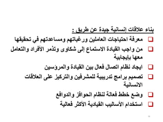 96
‫طريق‬ ‫عن‬ ‫جيدة‬ ‫إنسانية‬ ‫عالقات‬ ‫بناء‬
:

‫احتياجات‬ ‫معرفة‬
‫العاملين‬
‫تحق‬ ‫في‬ ‫ومساعدتهم‬ ‫ورغباتهم‬
‫يقها‬

‫والتع‬ ‫األفراد‬ ‫وتذمر‬ ‫شكاوى‬ ‫إلى‬ ‫االستماع‬ ‫القيادة‬ ‫واجب‬ ‫من‬
‫امل‬
‫بإيجابية‬ ‫معها‬

‫والمرؤسين‬ ‫القيادة‬ ‫بين‬ ‫فعال‬ ‫اتصال‬ ‫نظام‬ ‫ايجاد‬

‫العال‬ ‫على‬ ‫والتركيز‬ ‫للمشرفين‬ ‫تدريبية‬ ‫برامج‬ ‫تصميم‬
‫قات‬
‫االنسانية‬

‫والدوافع‬ ‫الحوافز‬ ‫لنظام‬ ‫فعالة‬ ‫خطط‬ ‫وضع‬

‫فعالية‬ ‫األكثر‬ ‫القيادية‬ ‫األساليب‬ ‫استخدام‬
 