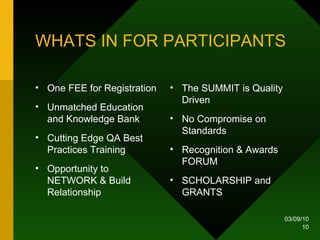 WHATS IN FOR PARTICIPANTS <ul><li>One FEE for Registration </li></ul><ul><li>Unmatched Education and Knowledge Bank </li><...