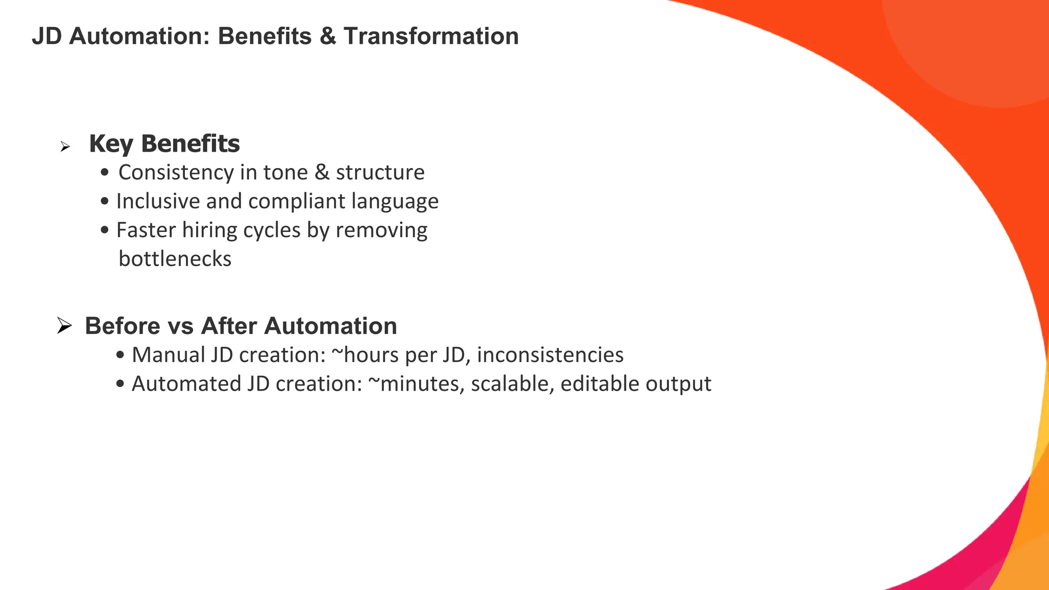 JD Automation: Benefits & Transformation
➢ Key Benefits
• Consistency in tone & structure
• Inclusive and compliant language
• Faster hiring cycles by removing
bottlenecks
➢ Before vs After Automation
• Manual JD creation: ~hours per JD, inconsistencies
• Automated JD creation: ~minutes, scalable, editable output
 