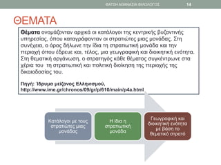 ΘΕΜΑΤΑ
Θέματα ονομάζονταν αρχικά οι κατάλογοι της κεντρικής βυζαντινής
υπηρεσίας, όπου καταγράφονταν οι στρατιώτες μιας μονάδας. Στη
συνέχεια, ο όρος δήλωνε την ίδια τη στρατιωτική μονάδα και την
περιοχή όπου έδρευε και, τέλος, μια γεωγραφική και διοικητική ενότητα.
Στη θεματική οργάνωση, ο στρατηγός κάθε θέματος συγκέντρωνε στα
χέρια του τη στρατιωτική και πολιτική διοίκηση της περιοχής της
δικαιοδοσίας του.
Πηγή: Ίδρυμα μείζονος Ελληνισμού,
http://www.ime.gr/chronos/09/gr/p/610/main/p4a.html
Κατάλογοι με τους
στρατιώτες μιας
μονάδας
Η ίδια η
στρατιωτική
μονάδα
Γεωγραφική και
διοικητική ενότητα
με βάση το
θεματικό στρατό
ΦΑΤΣΗ ΑΘΑΝΑΣΙΑ ΦΙΛΟΛΟΓΟΣ 14
 