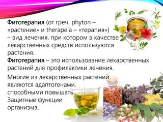 Фитотерапия (от греч. phyton –
«растение» и therapeia – «терапия»)
– вид лечения, при котором в качестве
лекарственных средств используются
растения.
Фитотерапия – это использование лекарственных
растений для профилактики лечения.
Многие из лекарственных растений
являются адаптогенами,
способными повышать
Защитные функции
организма.
 