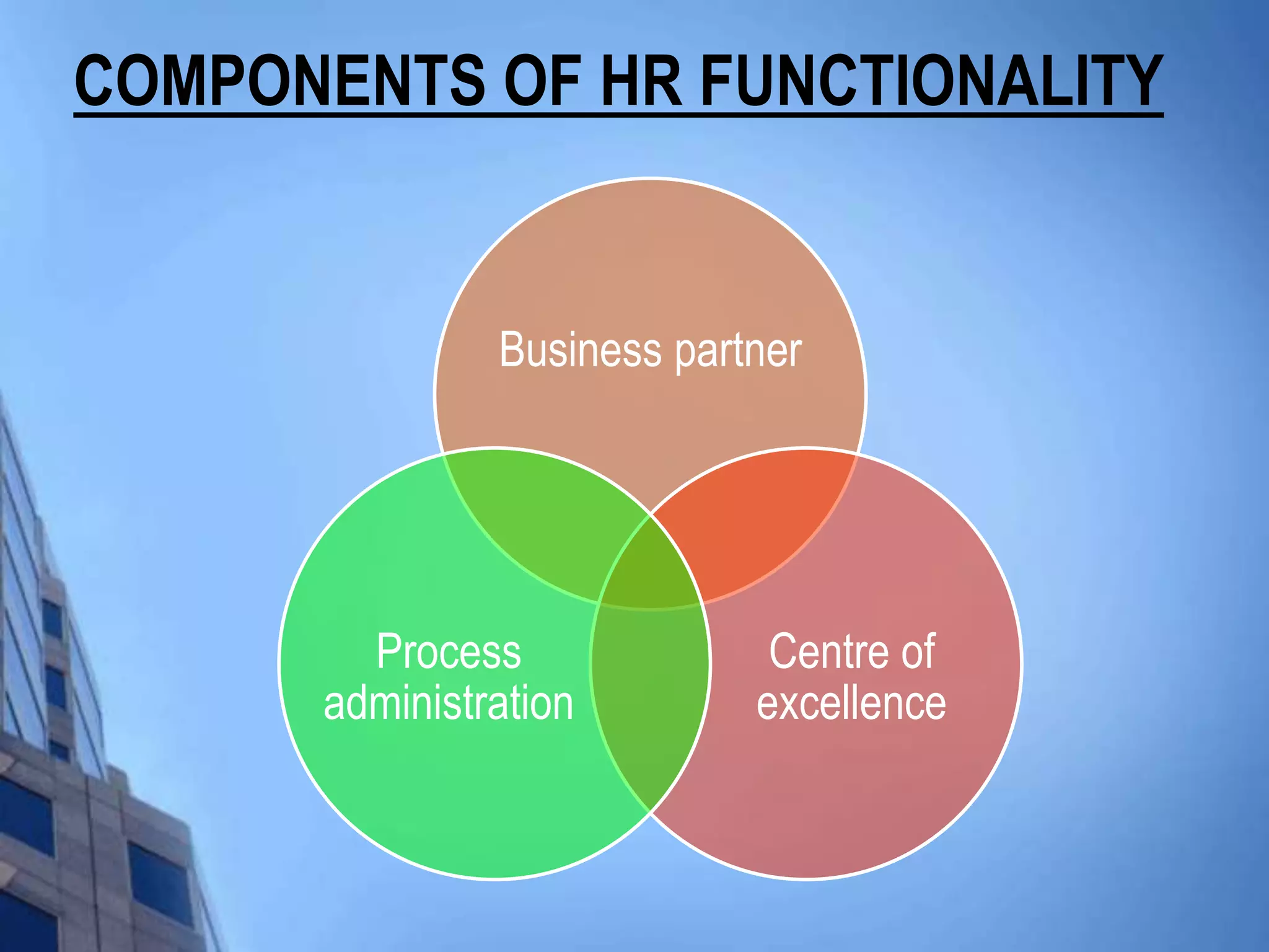 COMPONENTS OF HR FUNCTIONALITY


               Business partner




        Process              Centre of
      administration        excellence
 