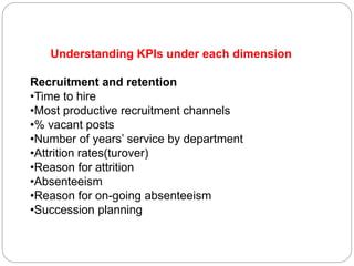 Understanding KPIs under each dimension
Recruitment and retention
•Time to hire
•Most productive recruitment channels
•% vacant posts
•Number of years’ service by department
•Attrition rates(turover)
•Reason for attrition
•Absenteeism
•Reason for on-going absenteeism
•Succession planning
 
