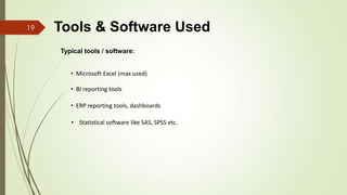 Tools & Software Used
Typical tools / software:
• Microsoft Excel (max used)
• BI reporting tools
• ERP reporting tools, dashboards
19
• Statistical software like SAS, SPSS etc.
 