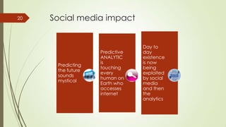 Social media impact
Predicting
the future
sounds
mystical
Predictive
ANALYTIC
is
touching
every
human on
Earth who
accesses
internet
Day to
day
existence
is now
being
exploited
by social
media
and then
the
analytics
20
 