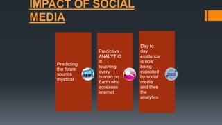 IMPACT OF SOCIAL
MEDIA
Predicting
the future
sounds
mystical
Predictive
ANALYTIC
is
touching
every
human on
Earth who
accesses
internet
Day to
day
existence
is now
being
exploited
by social
media
and then
the
analytics
 