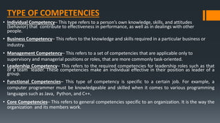 TYPE OF COMPETENCIES
• Individual Competency– This type refers to a person’s own knowledge, skills, and attitudes
(behavior) that contribute to effectiveness in performance, as well as in dealings with other
people.
• Business Competency– This refers to the knowledge and skills required in a particular business or
industry.
• Management Competency– This refers to a set of competencies that are applicable only to
supervisory and managerial positions or roles, that are more commonly task-oriented.
• Leadership Competency– This refers to the required competencies for leadership roles such as that
of a team leader. These competencies make an individual effective in their position as leader of a
group.
• Functional Competencies– This type of competency is specific to a certain job. For example, a
computer programmer must be knowledgeable and skilled when it comes to various programming
languages such as Java, Python, and C++.
• Core Competencies– This refers to general competencies specific to an organization. It is the way the
organization and its members work.
 