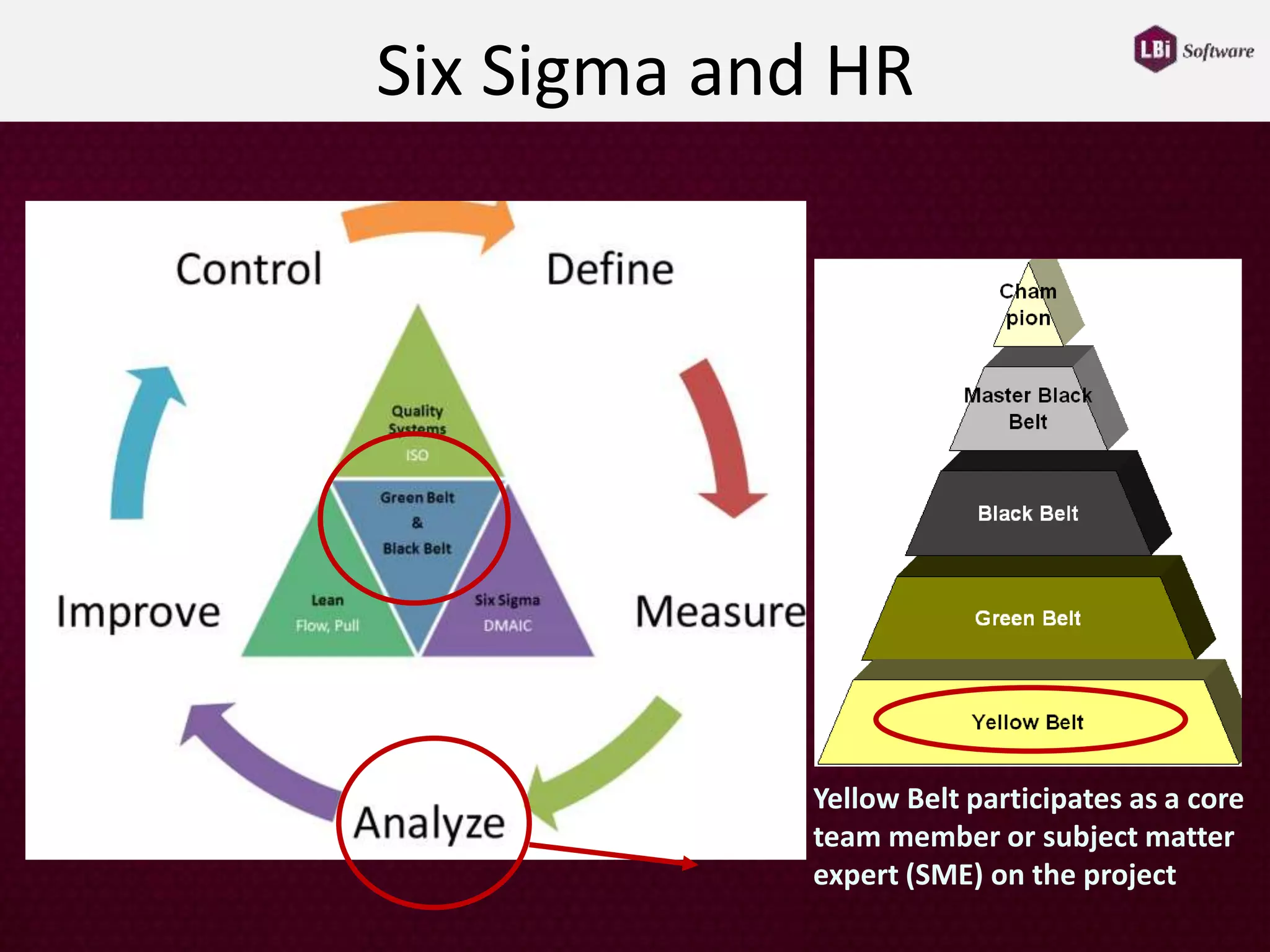 Six Sigma and HR
Yellow Belt participates as a core
team member or subject matter
expert (SME) on the project
 