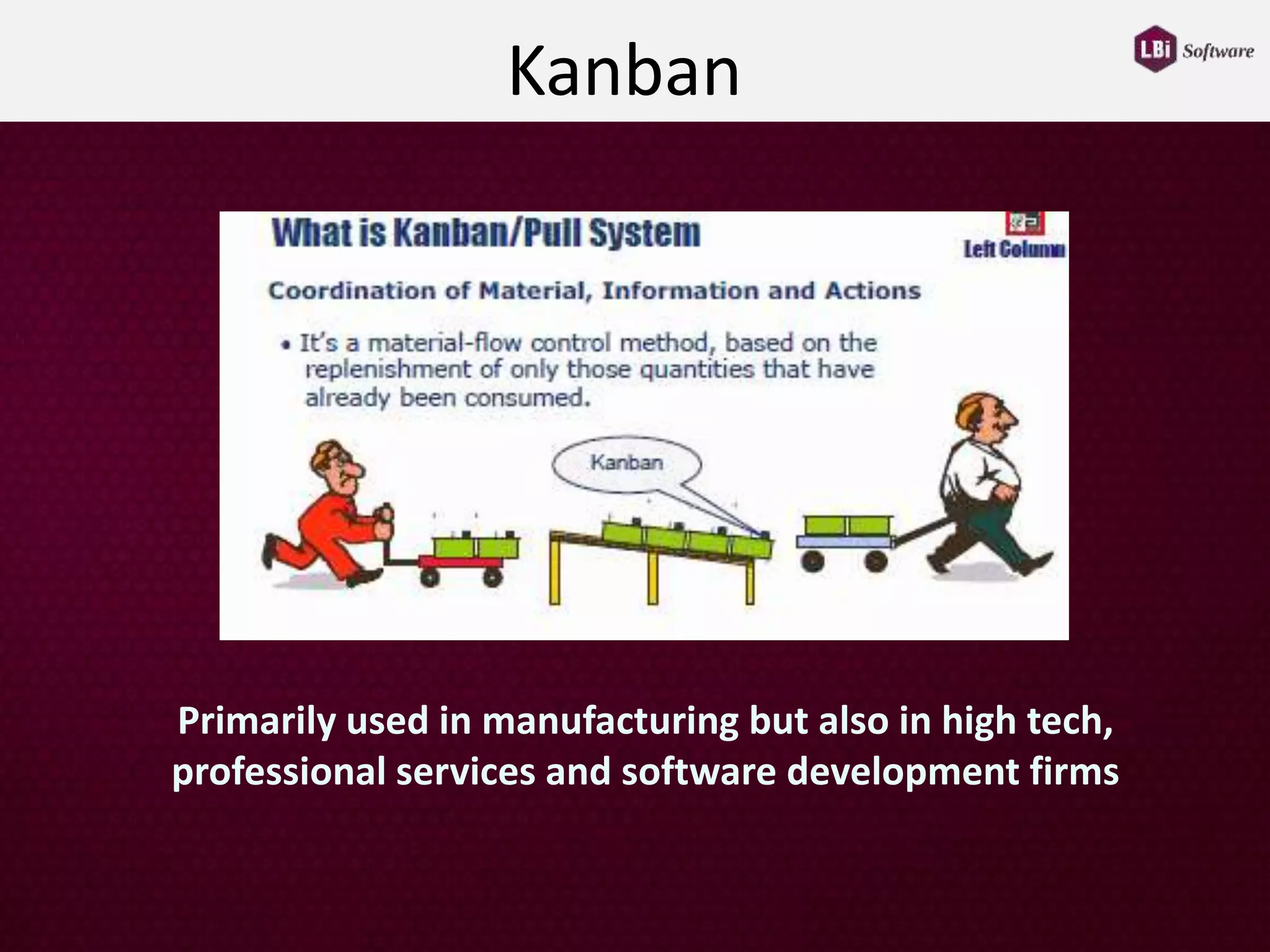Kanban
Primarily used in manufacturing but also in high tech,
professional services and software development firms
 