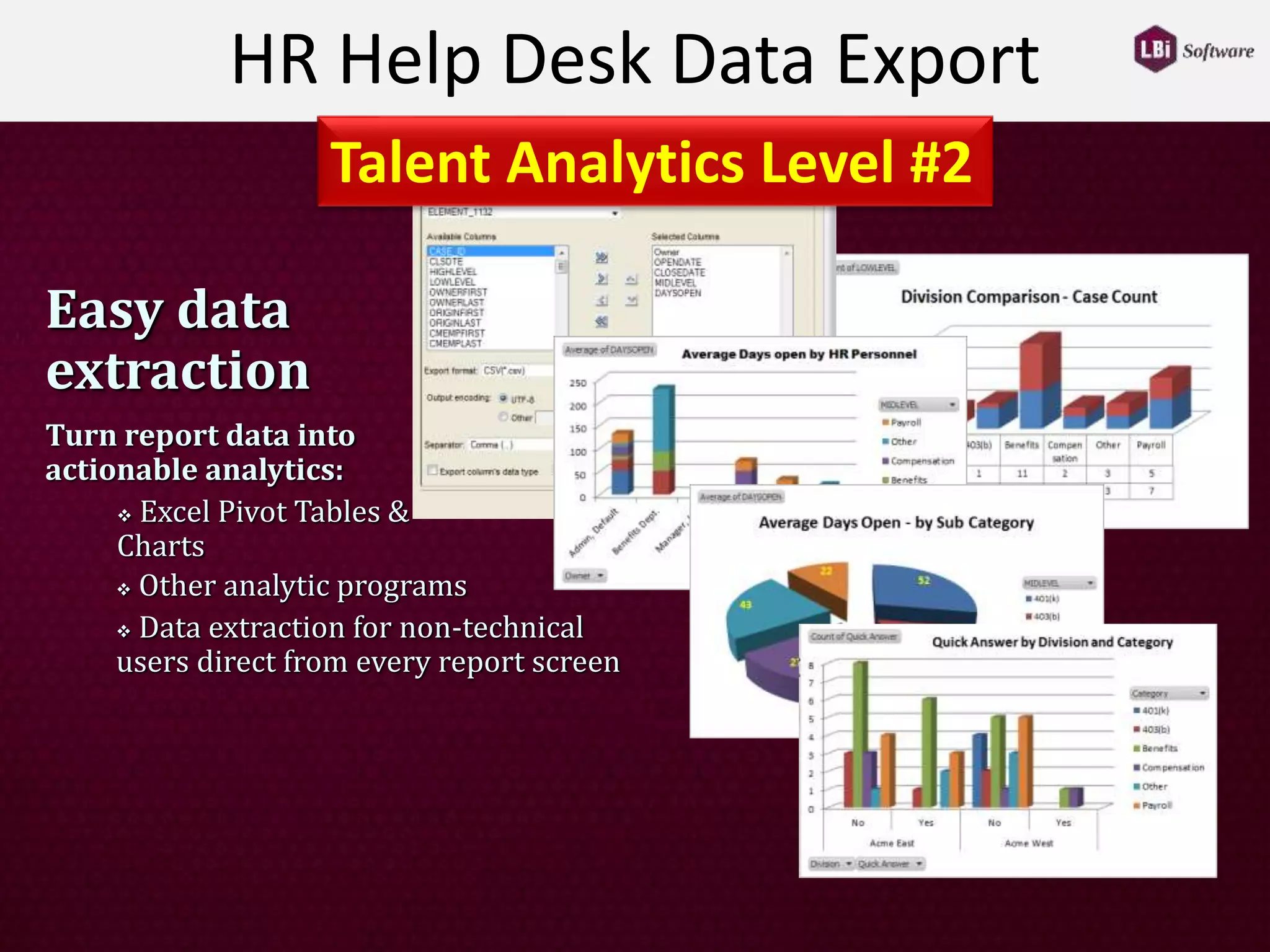 HR Help Desk Data Export
Easy data
extraction
Turn report data into
actionable analytics:
 Excel Pivot Tables &
Charts
 Other analytic programs
 Data extraction for non-technical
users direct from every report screen
Talent Analytics Level #2
 