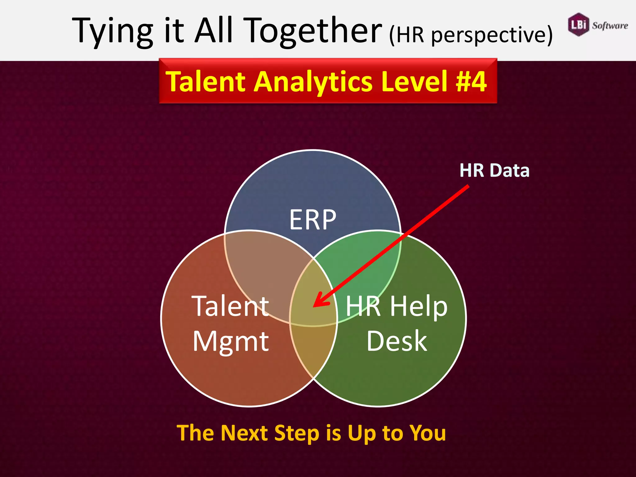 Tying it All Together(HR perspective)
ERP
HR Help
Desk
Talent
Mgmt
HR Data
Talent Analytics Level #4
The Next Step is Up to You
 