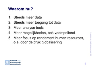 Waarom nu?
Steeds meer data
Steeds meer toegang tot data
Meer analyse tools
Meer mogelijkheden, ook voorspellend
Meer focus op rendement human resources,
o.a. door de druk globalisering

© Academie voor Arbeidsmarktcommunicatie 2013

1.
2.
3.
4.
5.

4

 